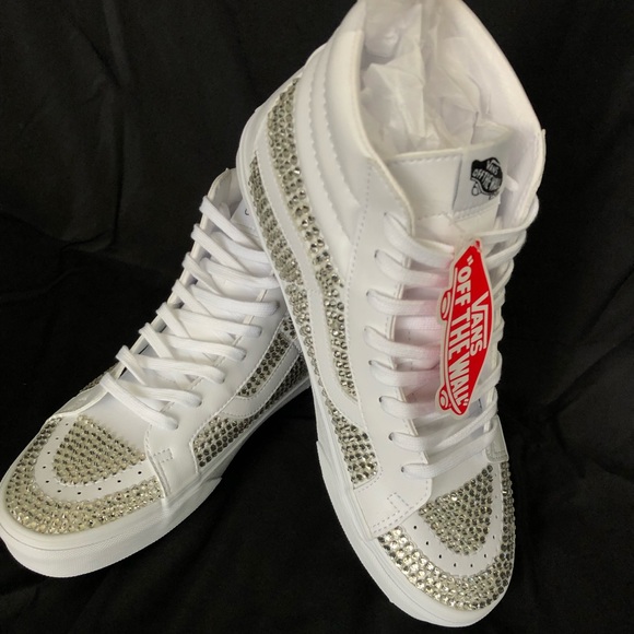 Custom Vans Sk8-hi White Leather with hand placed crystals Skateboard - Picture 3 of 3